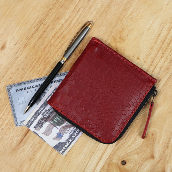 Handcrafted Red Croco Pattern Leather Wallet Compact Zip-Around Women’s Wallet